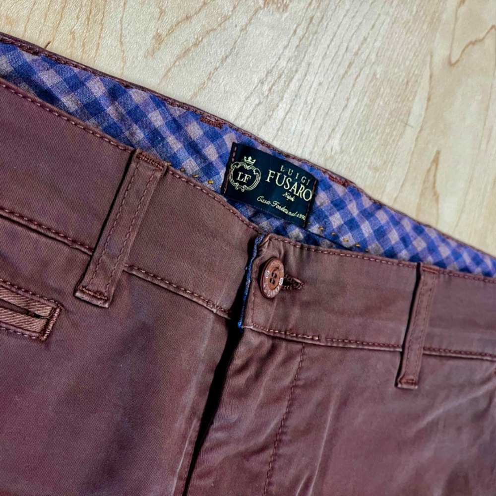Luigi Fusaro Men’s Slim Fit Brown Trousers, Made in Italy, Size 48 EU / 32 US